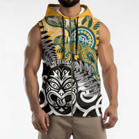 New Zealand Australia Rugby Custom Sleeveless Zip Hoodie Wallabies Aboriginal All Black Maori Tiki Together - Polynesian Pride