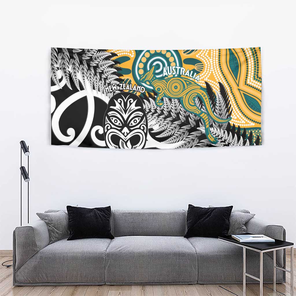 New Zealand Australia Rugby Tapestry Wallabies Aboriginal All Black Maori Tiki Together - Polynesian Pride