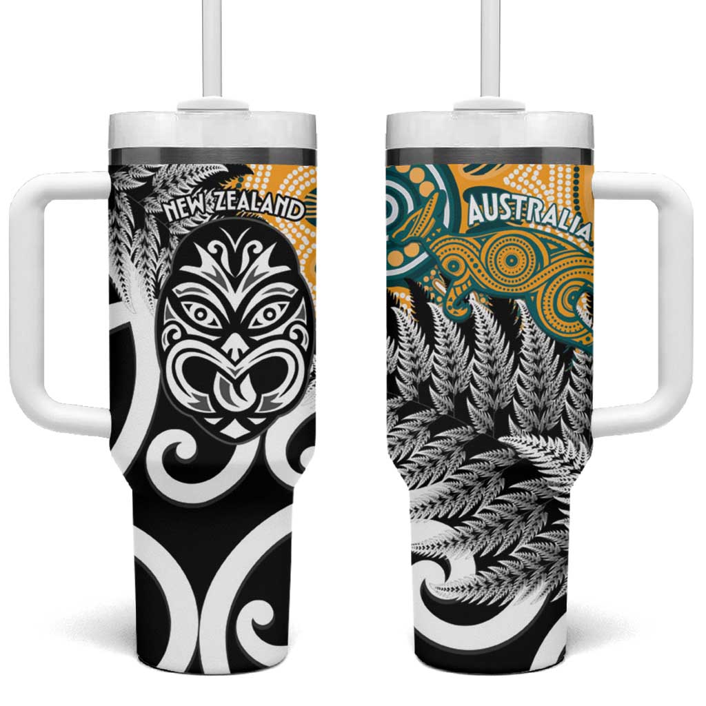 New Zealand Australia Rugby Tumbler With Handle Wallabies Aboriginal All Black Maori Tiki Together - Polynesian Pride