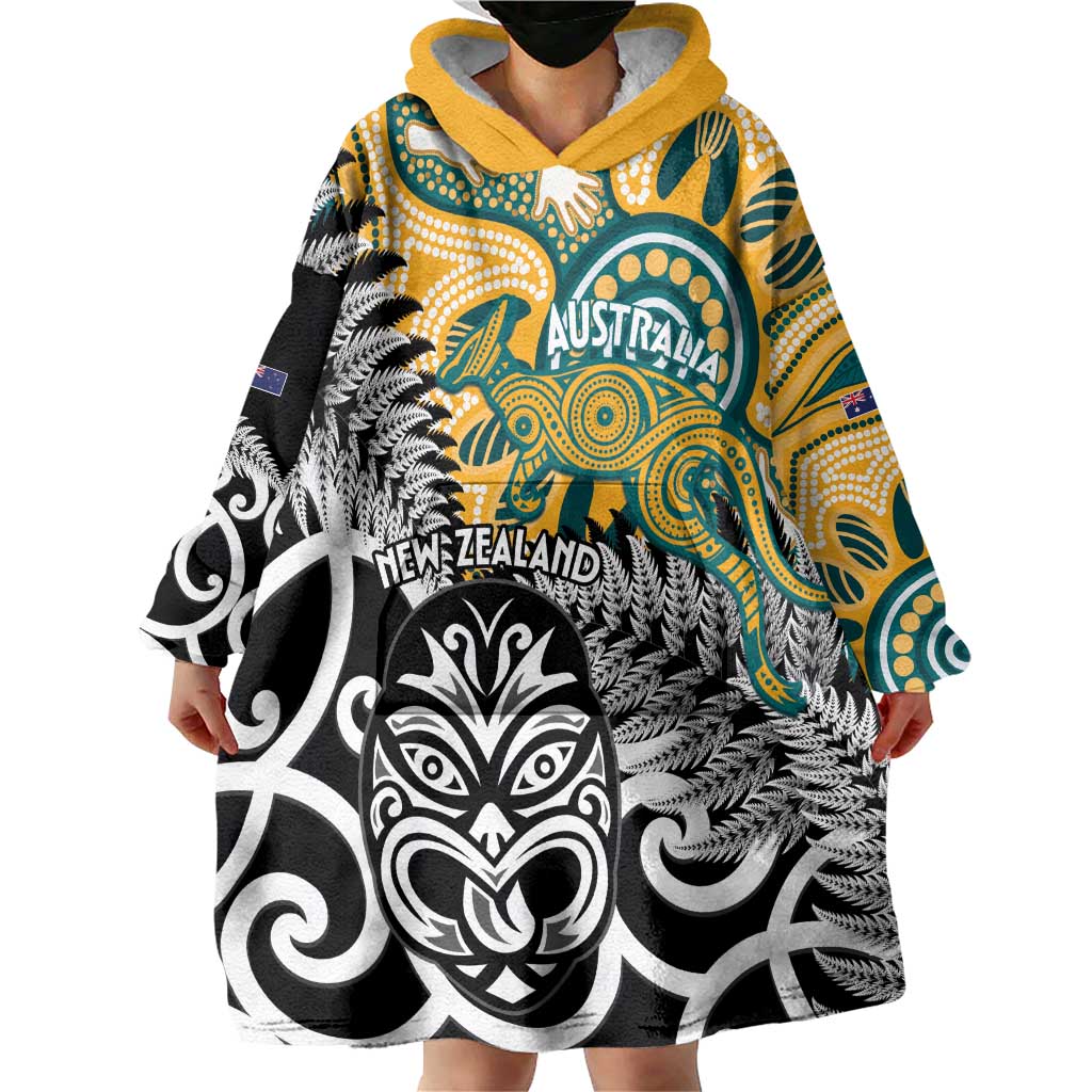New Zealand Australia Rugby Custom Wearable Blanket Hoodie Wallabies Aboriginal All Black Maori Tiki Together - Polynesian Pride