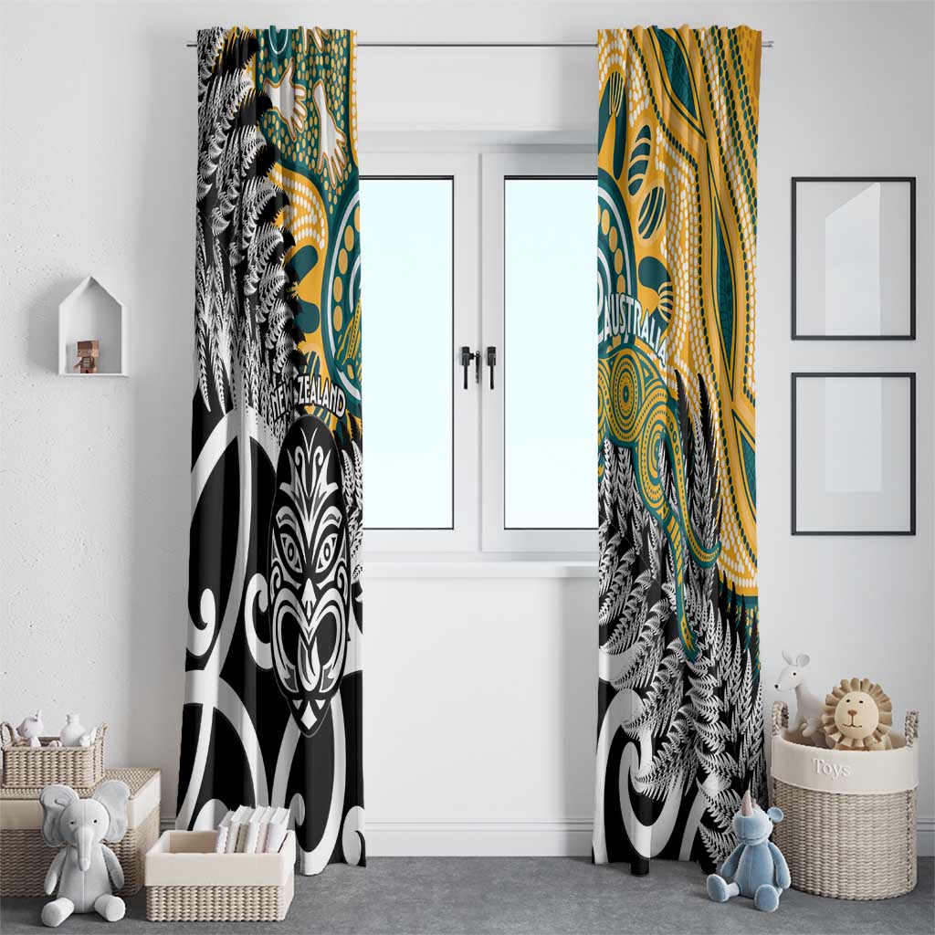 New Zealand Australia Rugby Window Curtain Wallabies Aboriginal All Black Maori Tiki Together - Polynesian Pride