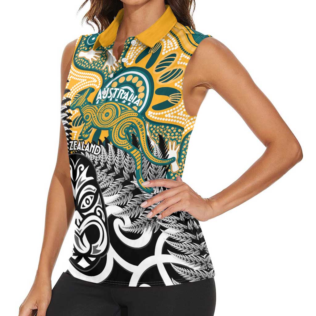 New Zealand Australia Rugby Custom Women Sleeveless Polo Shirt Wallabies Aboriginal All Black Maori Tiki Together - Polynesian Pride