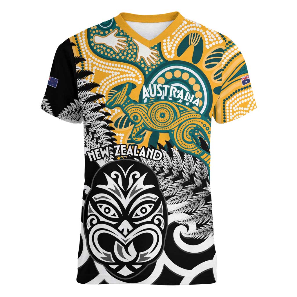 New Zealand Australia Rugby Custom Women V-Neck T-Shirt Wallabies Aboriginal All Black Maori Tiki Together - Polynesian Pride