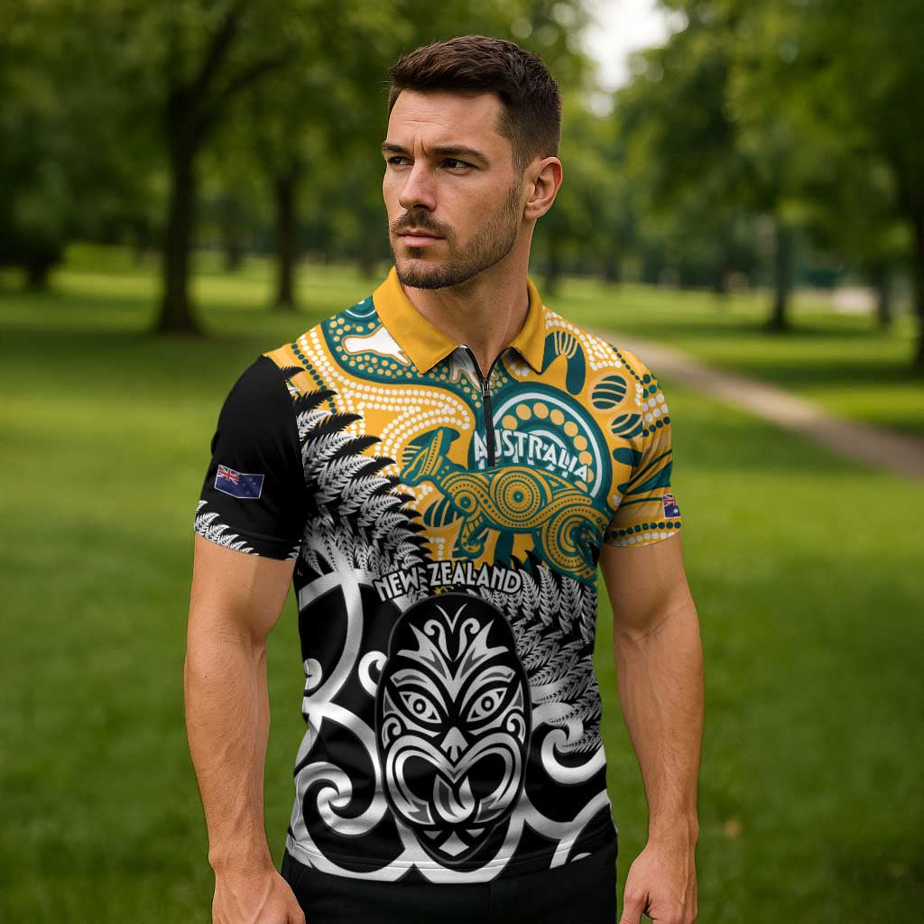 New Zealand Australia Rugby Custom Zipper Polo Shirt Wallabies Aboriginal All Black Maori Tiki Together - Polynesian Pride