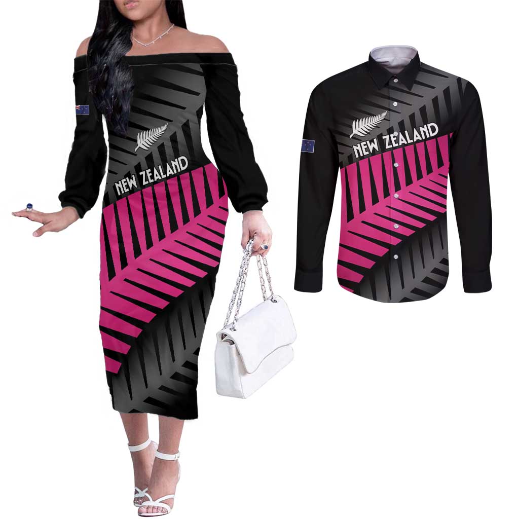 New Zealand Silver Fern Rugby Custom Couples Matching Off The Shoulder Long Sleeve Dress and Long Sleeve Button Shirt 2025 All Black Go Champions - Polynesian Pride