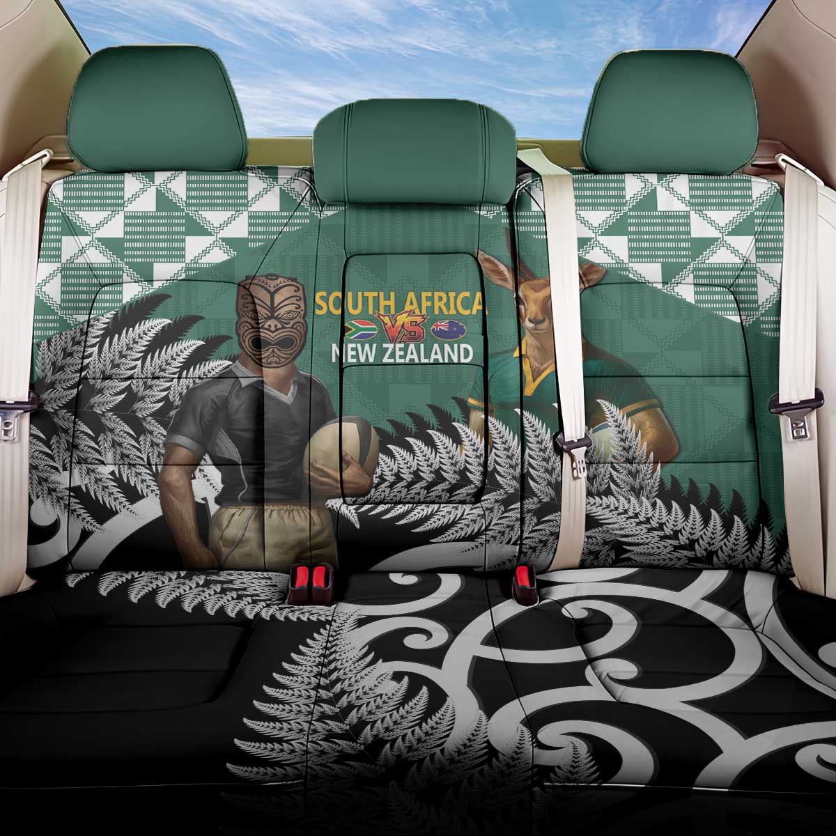 New Zealand South Africa Rugby Back Car Seat Cover Springboks Kente All Black Maori Together - Polynesian Pride