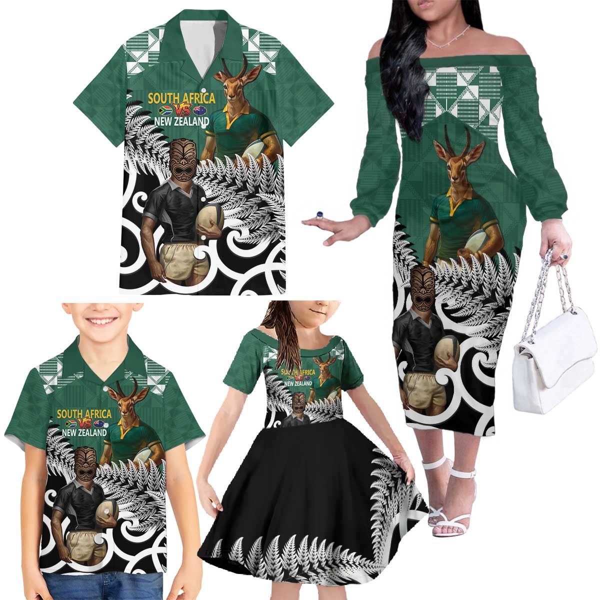 New Zealand South Africa Rugby Custom Family Matching Off The Shoulder Long Sleeve Dress and Hawaiian Shirt Springboks Kente All Black Maori Together - Polynesian Pride