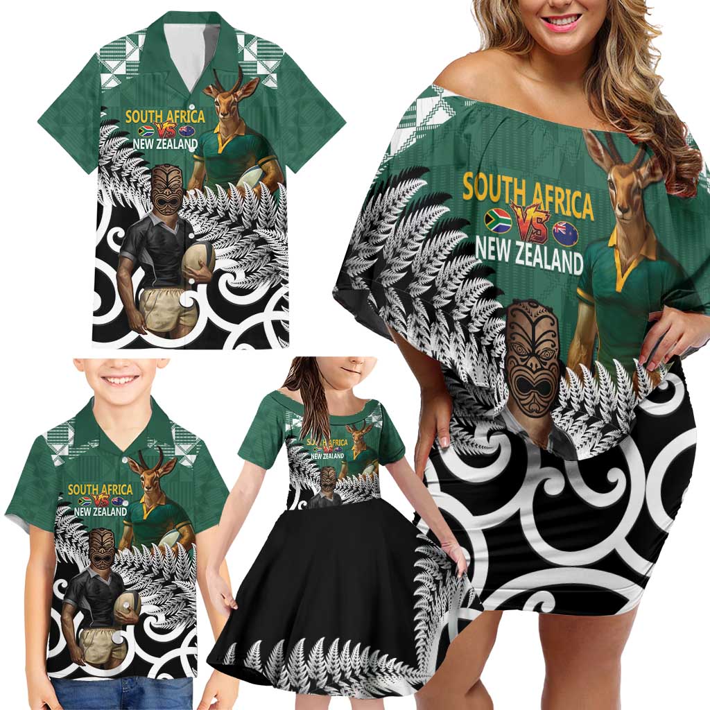 New Zealand South Africa Rugby Custom Family Matching Off Shoulder Short Dress and Hawaiian Shirt Springboks Kente All Black Maori Together - Polynesian Pride