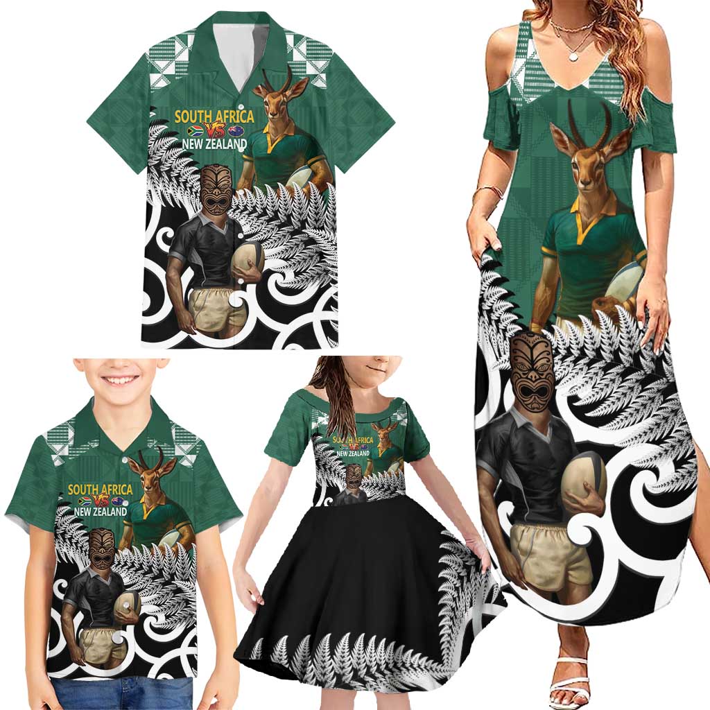 New Zealand South Africa Rugby Custom Family Matching Summer Maxi Dress and Hawaiian Shirt Springboks Kente All Black Maori Together - Polynesian Pride