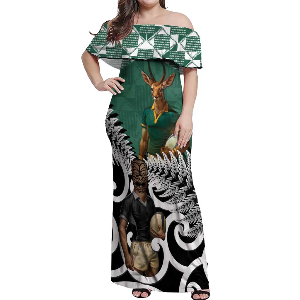 New Zealand South Africa Rugby Custom Off Shoulder Maxi Dress Springboks Kente All Black Maori Together - Polynesian Pride