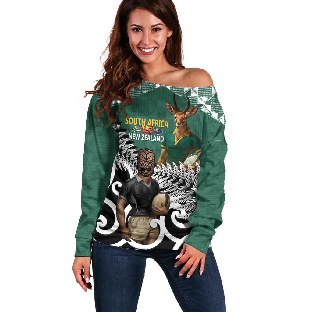 New Zealand South Africa Rugby Custom Off Shoulder Sweater Springboks Kente All Black Maori Together - Polynesian Pride