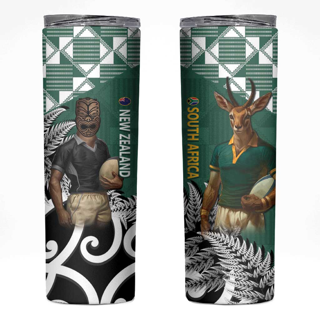 New Zealand South Africa Rugby Skinny Tumbler Springboks Kente All Black Maori Together - Polynesian Pride