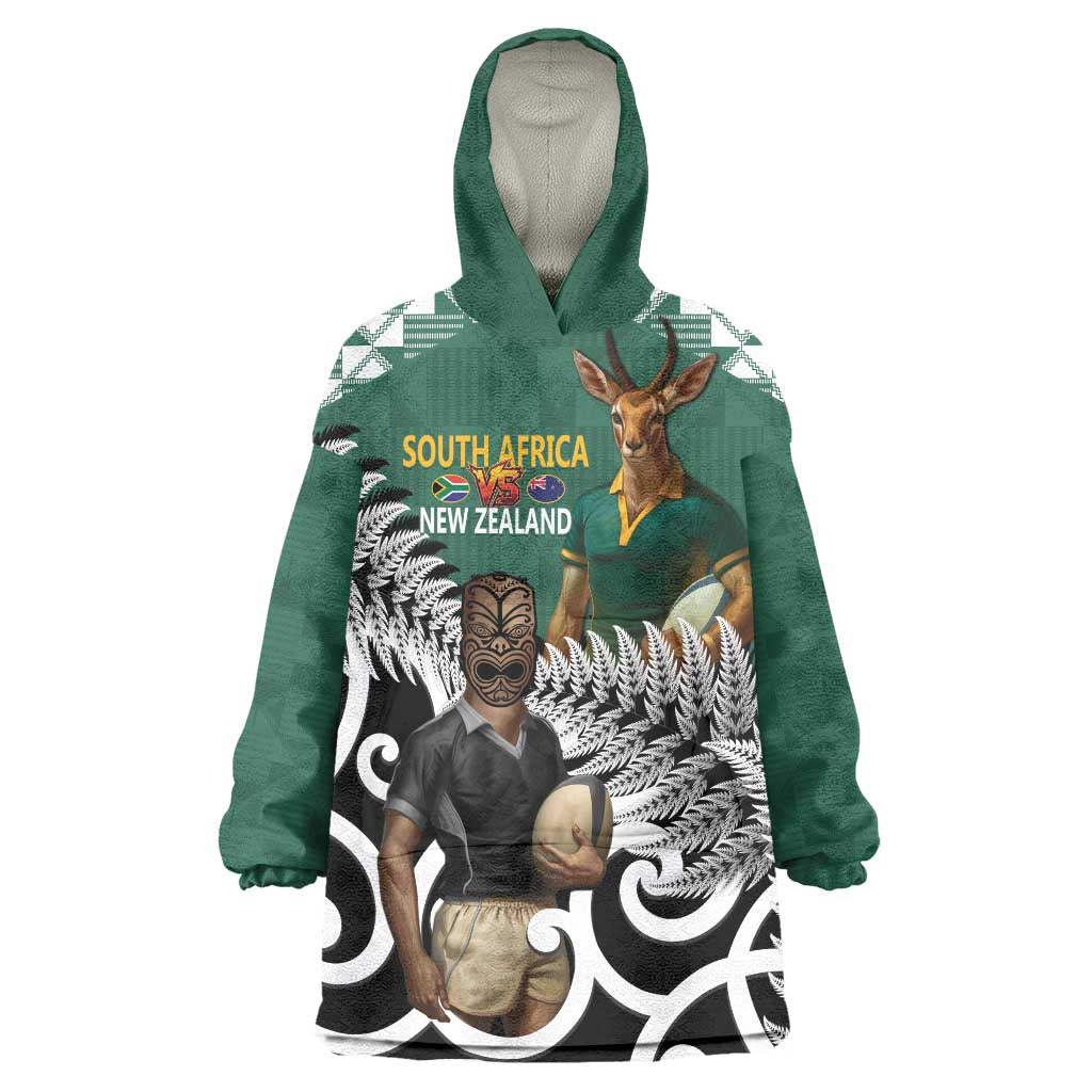 New Zealand South Africa Rugby Custom Wearable Blanket Hoodie Springboks Kente All Black Maori Together - Polynesian Pride