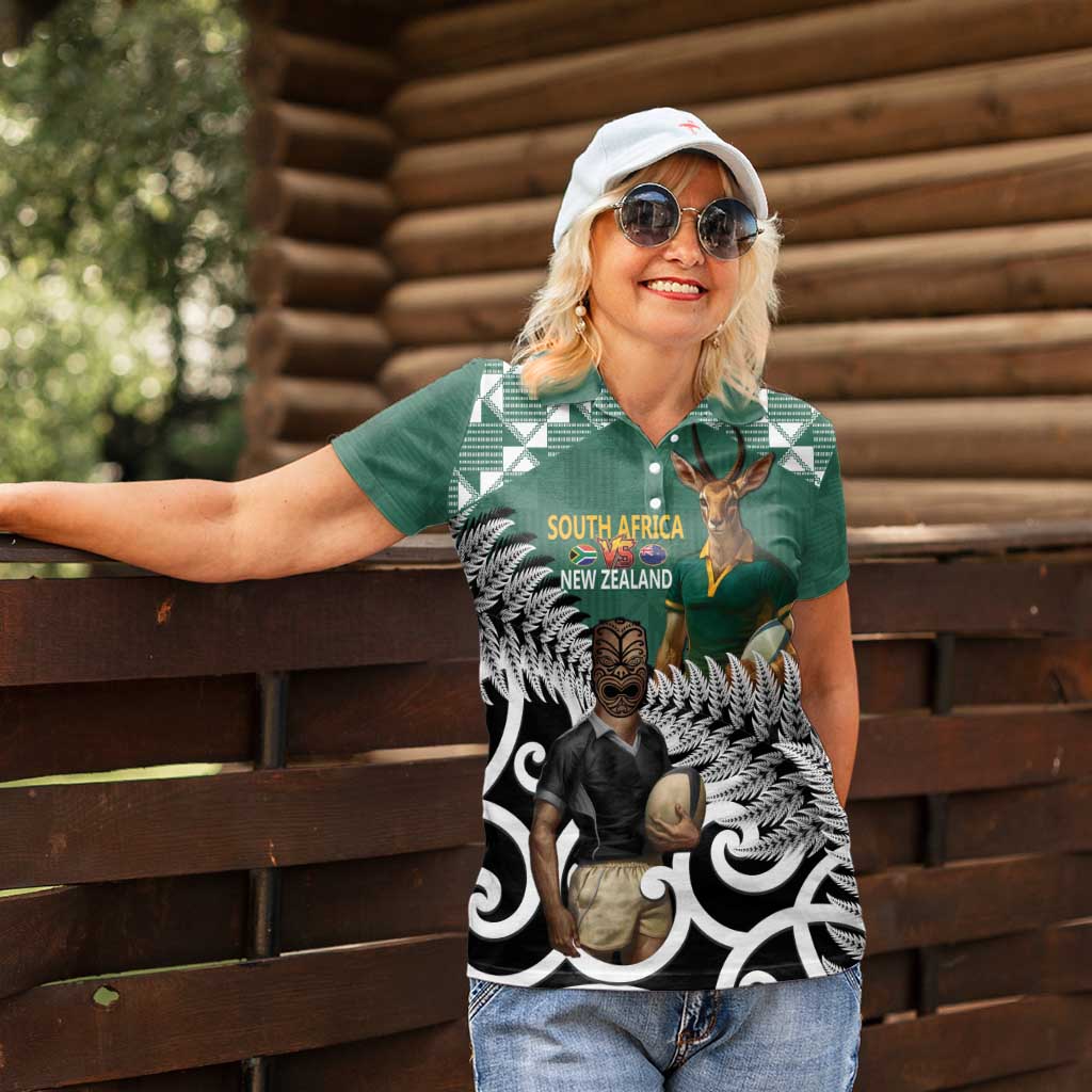 New Zealand South Africa Rugby Custom Women Polo Shirt Springboks Kente All Black Maori Together - Polynesian Pride