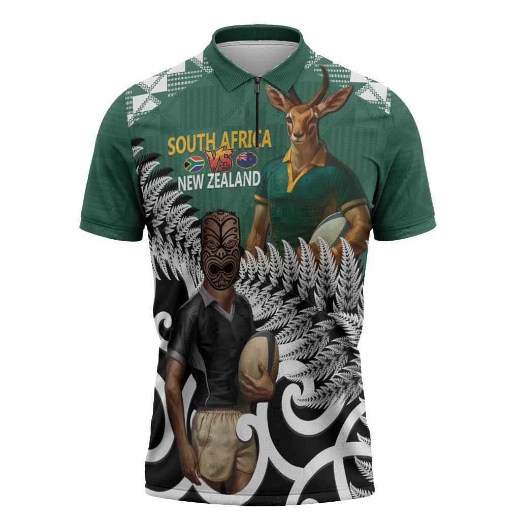 New Zealand South Africa Rugby Custom Zipper Polo Shirt Springboks Kente All Black Maori Together - Polynesian Pride