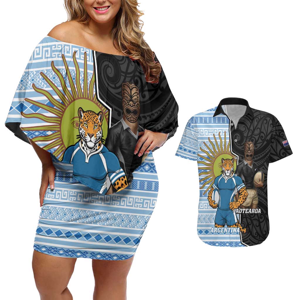 New Zealand Argentina Rugby Custom Couples Matching Off Shoulder Short Dress and Hawaiian Shirt 2025 Los Pumas All Black Together - Polynesian Pride