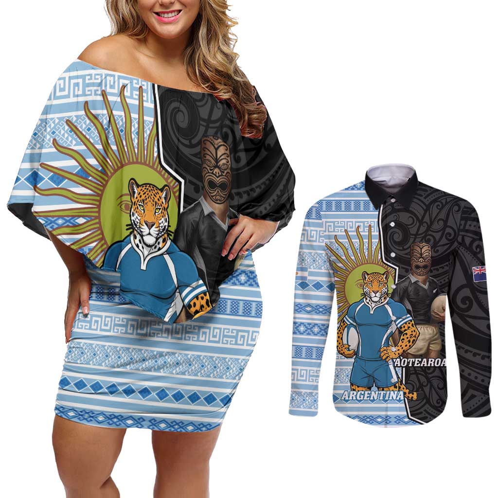 New Zealand Argentina Rugby Custom Couples Matching Off Shoulder Short Dress and Long Sleeve Button Shirt 2025 Los Pumas All Black Together - Polynesian Pride