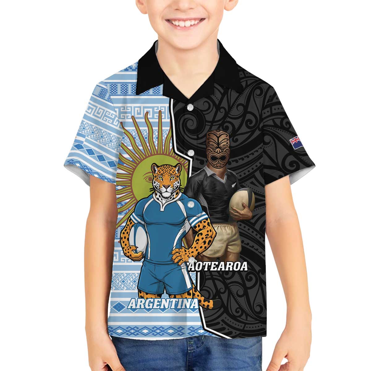New Zealand Argentina Rugby Custom Family Matching Off The Shoulder Long Sleeve Dress and Hawaiian Shirt 2025 Los Pumas All Black Together - Polynesian Pride