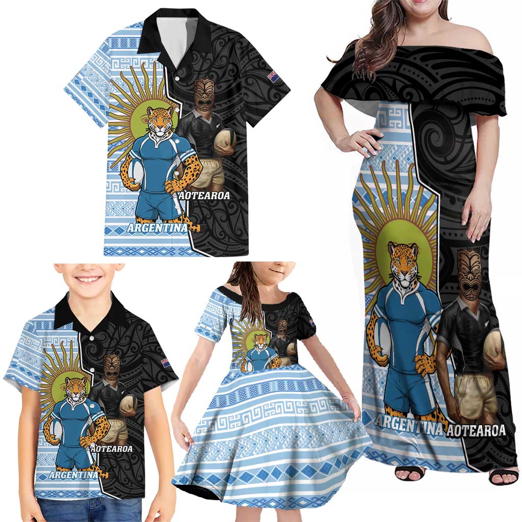 New Zealand Argentina Rugby Custom Family Matching Off Shoulder Maxi Dress and Hawaiian Shirt 2025 Los Pumas All Black Together - Polynesian Pride