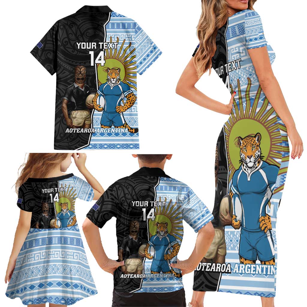 New Zealand Argentina Rugby Custom Family Matching Short Sleeve Bodycon Dress and Hawaiian Shirt 2025 Los Pumas All Black Together - Polynesian Pride