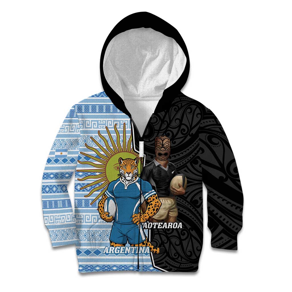 New Zealand Argentina Rugby Custom Kid Hoodie 2025 Los Pumas All Black Together - Polynesian Pride