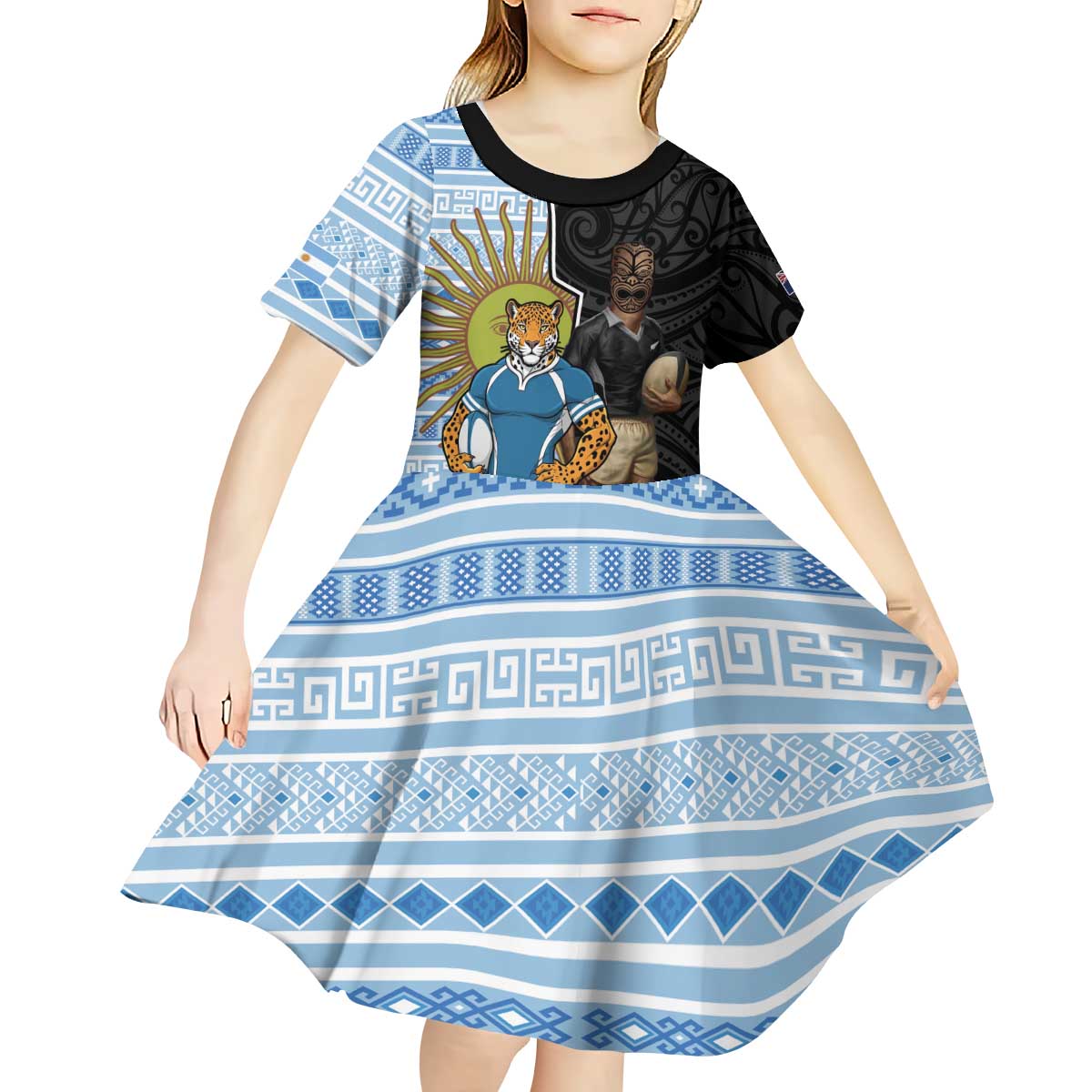 New Zealand Argentina Rugby Custom Kid Short Sleeve Dress 2025 Los Pumas All Black Together - Polynesian Pride