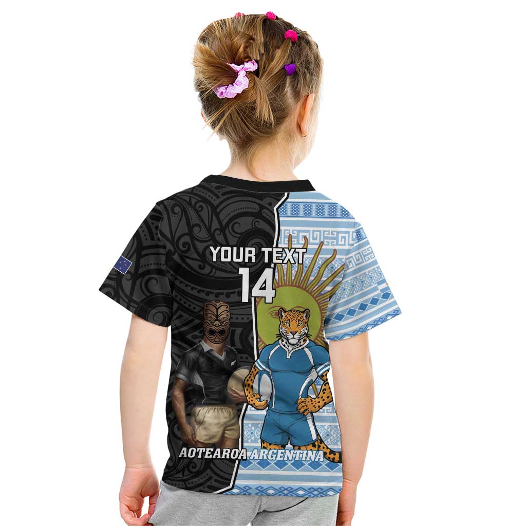 New Zealand Argentina Rugby Custom Kid T Shirt 2025 Los Pumas All Black Together - Polynesian Pride