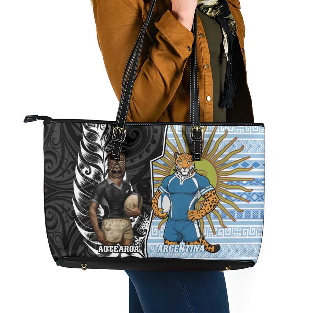 New Zealand Argentina Rugby Leather Tote Bag 2025 Los Pumas All Black Together - Polynesian Pride