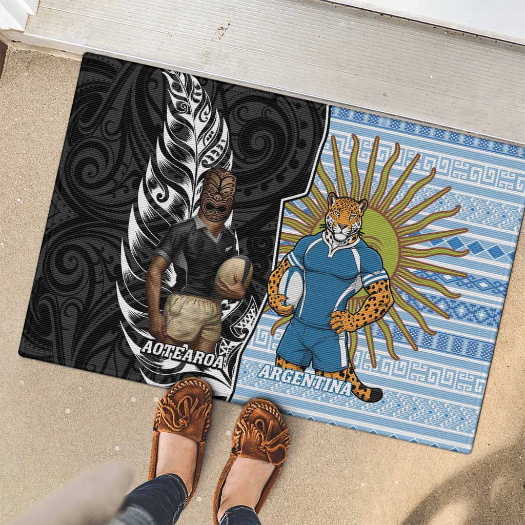 New Zealand Argentina Rugby Rubber Doormat 2025 Los Pumas All Black Together - Polynesian Pride