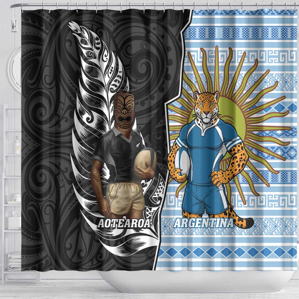 New Zealand Argentina Rugby Shower Curtain 2025 Los Pumas All Black Together - Polynesian Pride