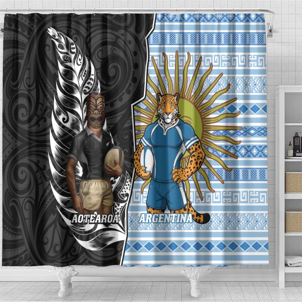New Zealand Argentina Rugby Shower Curtain 2025 Los Pumas All Black Together - Polynesian Pride