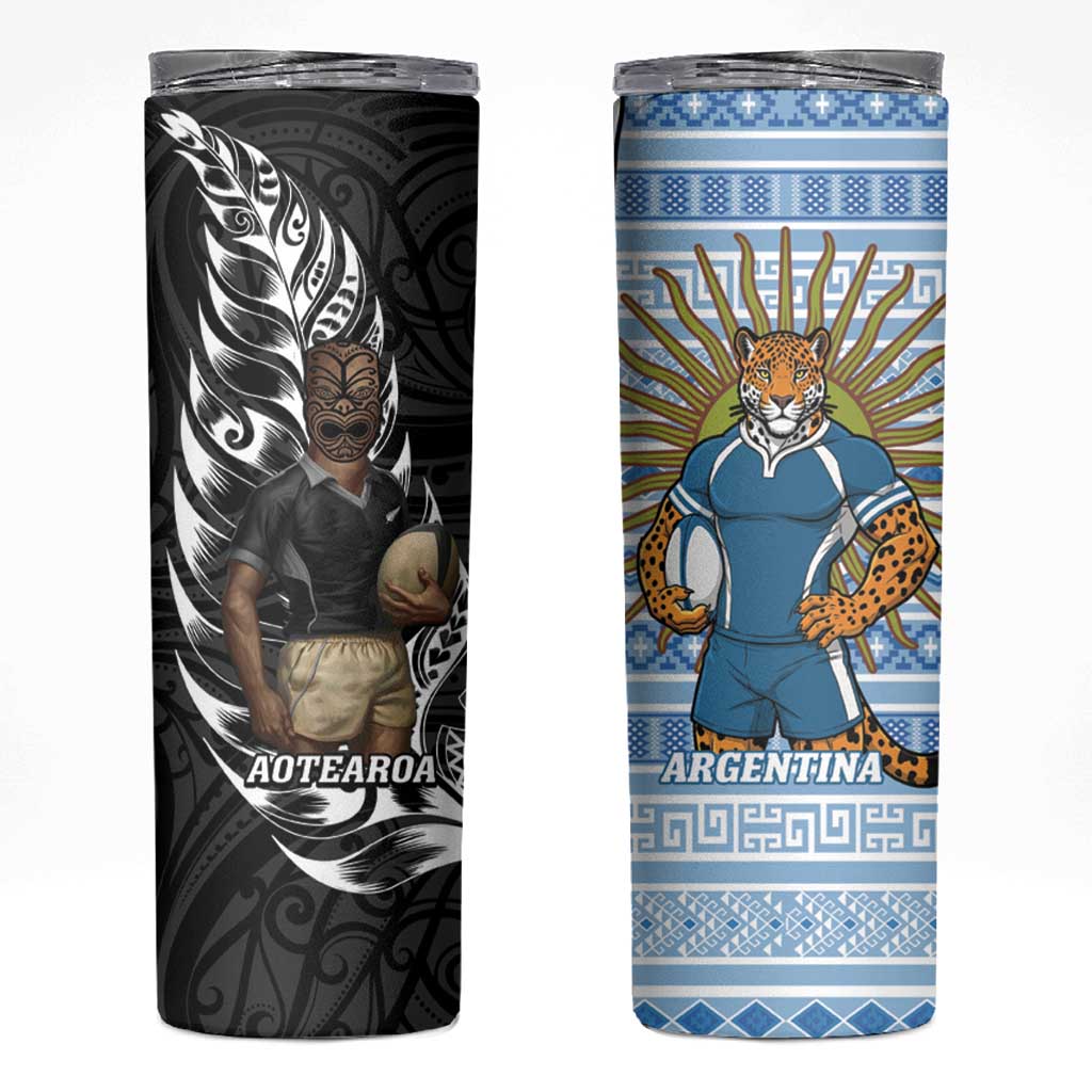 New Zealand Argentina Rugby Skinny Tumbler 2025 Los Pumas All Black Together - Polynesian Pride