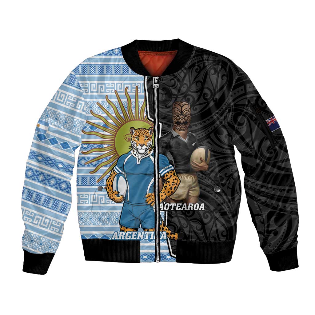 New Zealand Argentina Rugby Custom Sleeve Zip Bomber Jacket 2025 Los Pumas All Black Together - Polynesian Pride