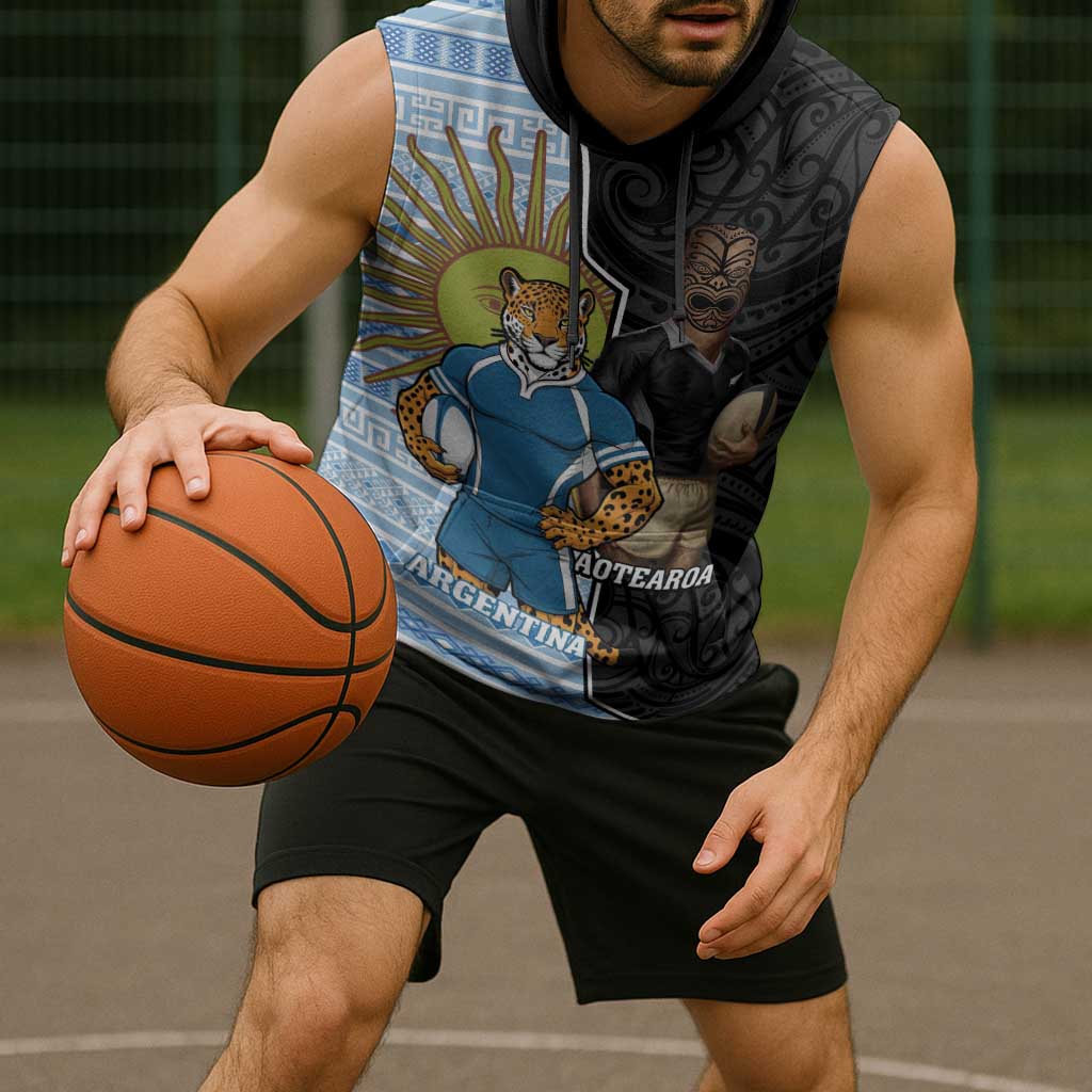 New Zealand Argentina Rugby Custom Sleeveless Hoodie 2025 Los Pumas All Black Together - Polynesian Pride