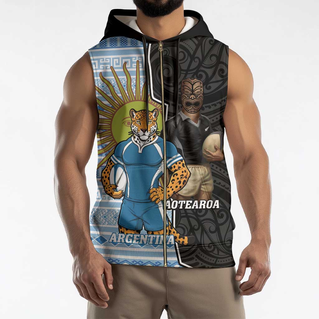New Zealand Argentina Rugby Custom Sleeveless Zip Hoodie 2025 Los Pumas All Black Together - Polynesian Pride