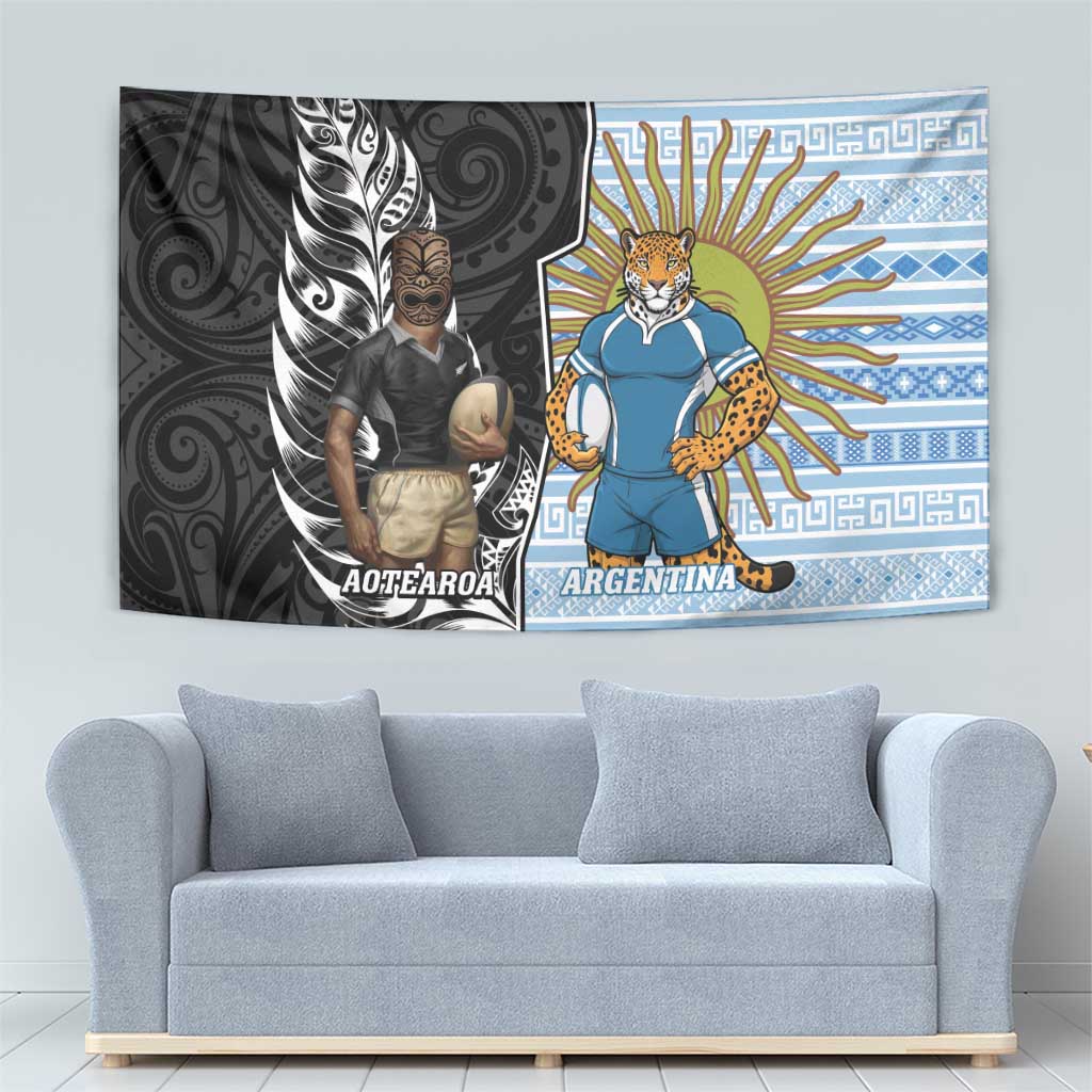 New Zealand Argentina Rugby Tapestry 2025 Los Pumas All Black Together - Polynesian Pride