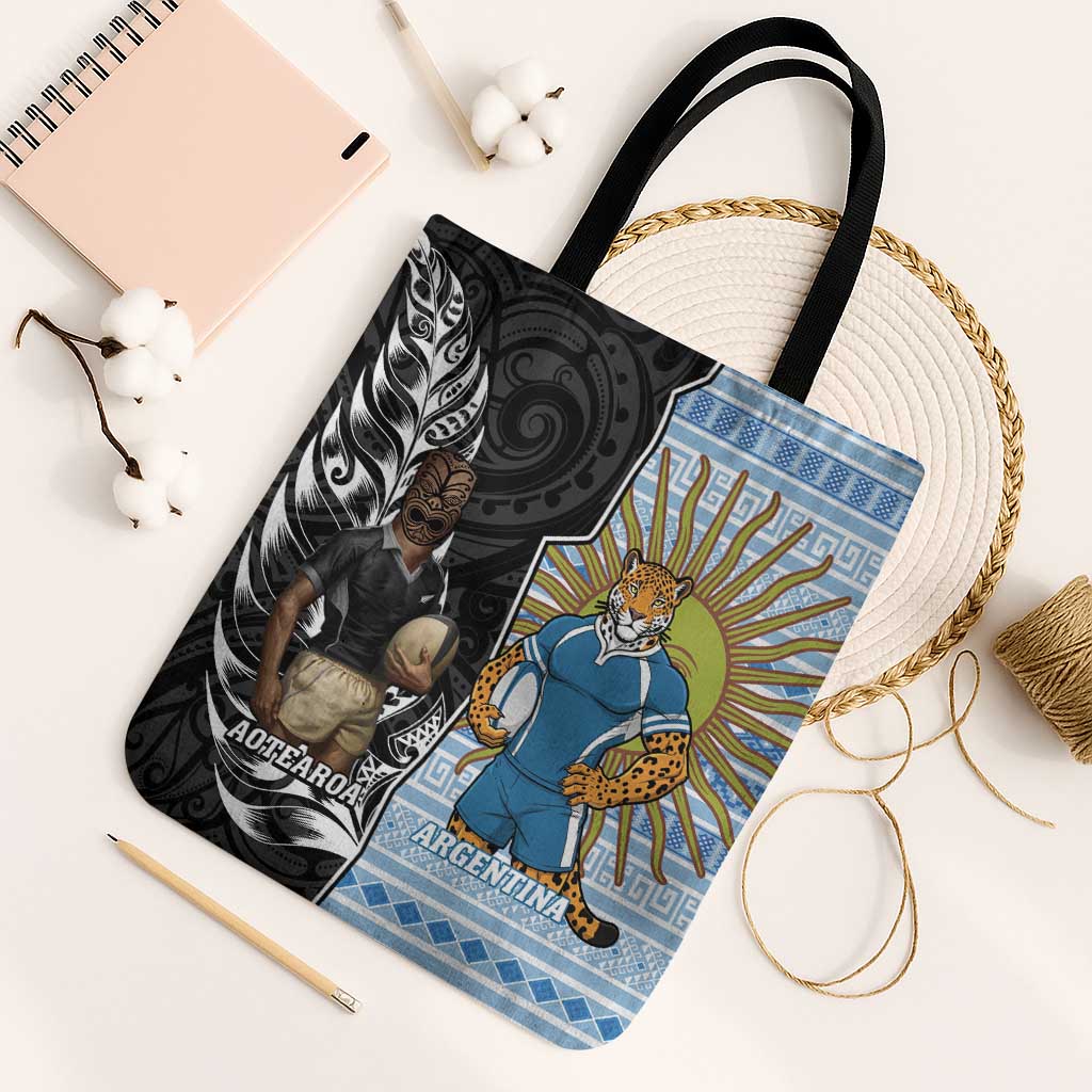 New Zealand Argentina Rugby Tote Bag 2025 Los Pumas All Black Together - Polynesian Pride