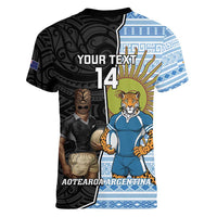 New Zealand Argentina Rugby Custom Women V-Neck T-Shirt 2025 Los Pumas All Black Together - Polynesian Pride