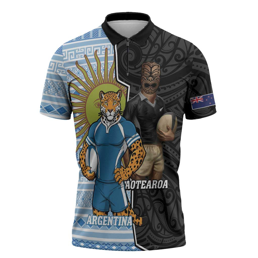 New Zealand Argentina Rugby Custom Zipper Polo Shirt 2025 Los Pumas All Black Together - Polynesian Pride