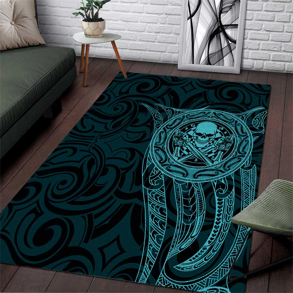 New Zealand Skull Darts Area Rug Aotearoa Maori Chest Tattoo Stylized Teal - Polynesian Pride