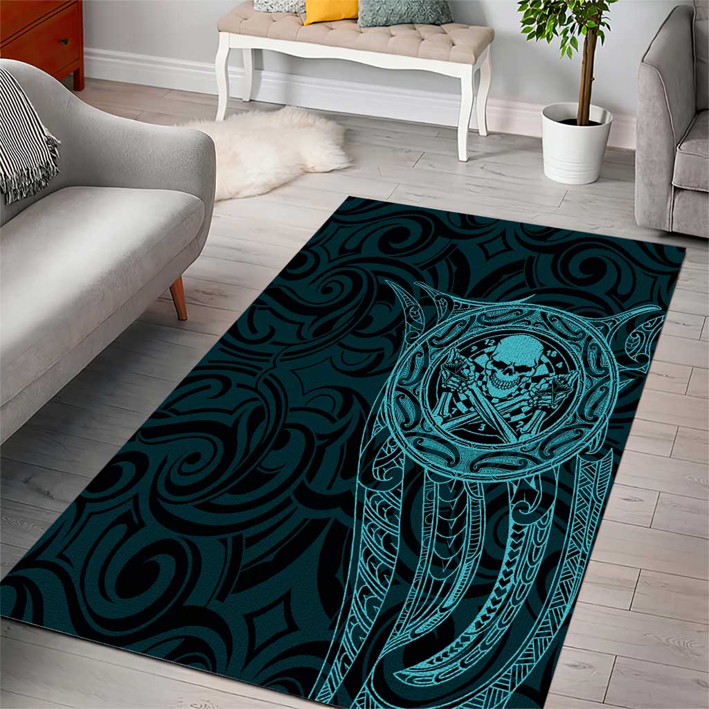 New Zealand Skull Darts Area Rug Aotearoa Maori Chest Tattoo Stylized Teal - Polynesian Pride