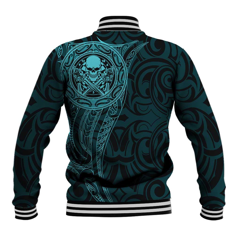 New Zealand Skull Darts Baseball Jacket Aotearoa Maori Chest Tattoo Stylized Teal - Polynesian Pride