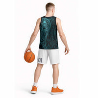 New Zealand Skull Darts Basketball Jersey Aotearoa Maori Chest Tattoo Stylized Teal - Polynesian Pride