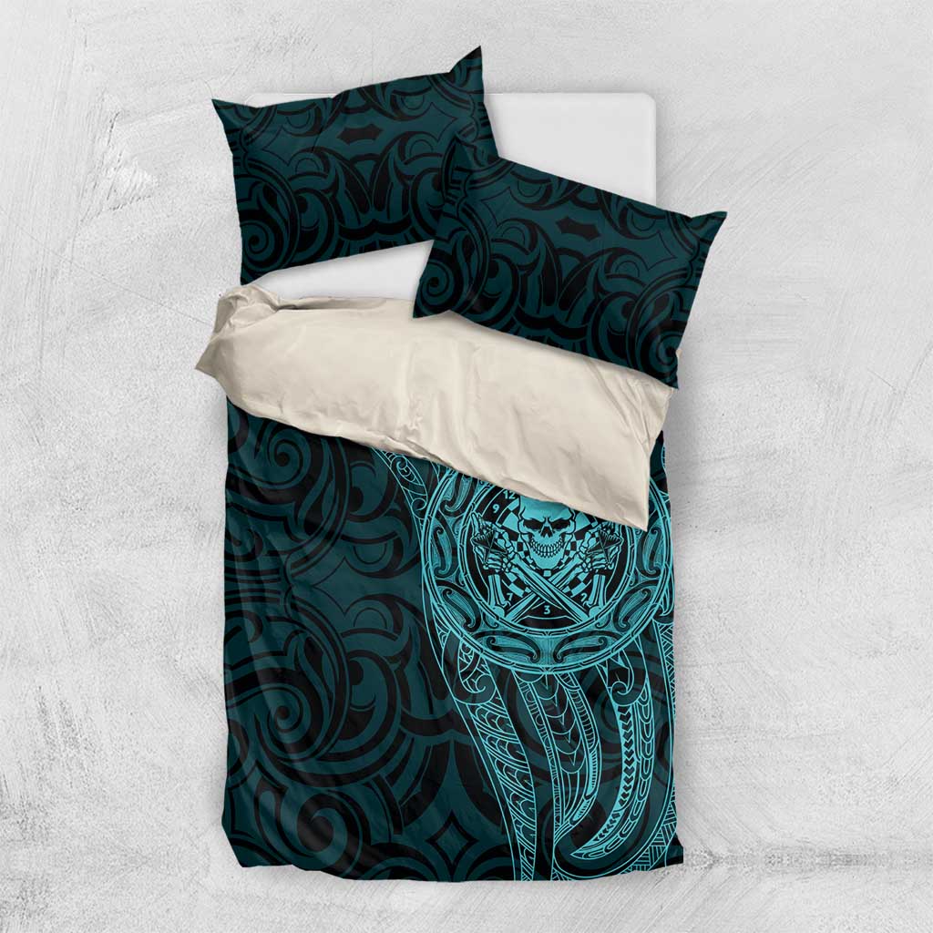 New Zealand Skull Darts Bedding Set Aotearoa Maori Chest Tattoo Stylized Teal - Polynesian Pride