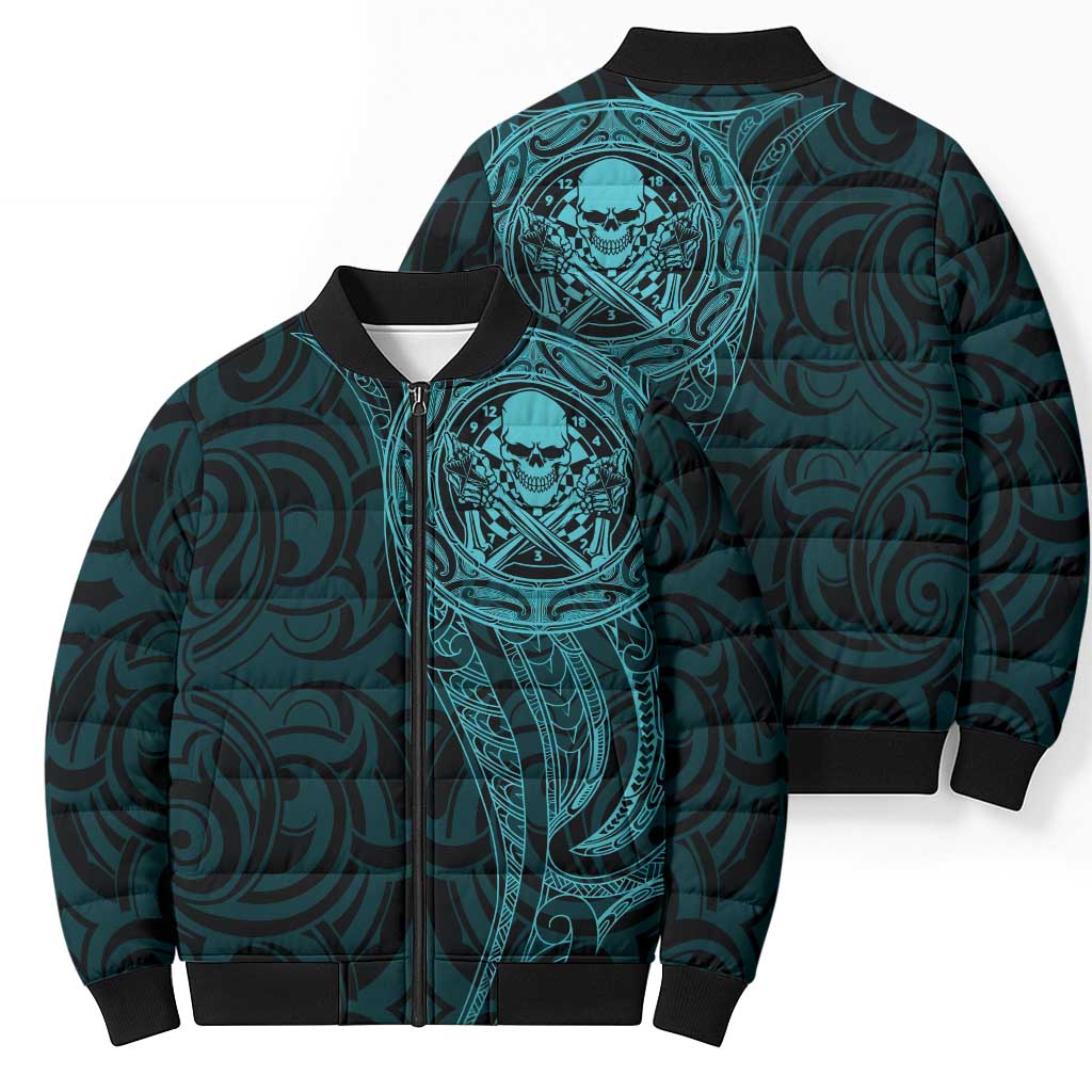 New Zealand Skull Darts Bomber Puffer Jacket Aotearoa Maori Chest Tattoo Stylized Teal - Polynesian Pride
