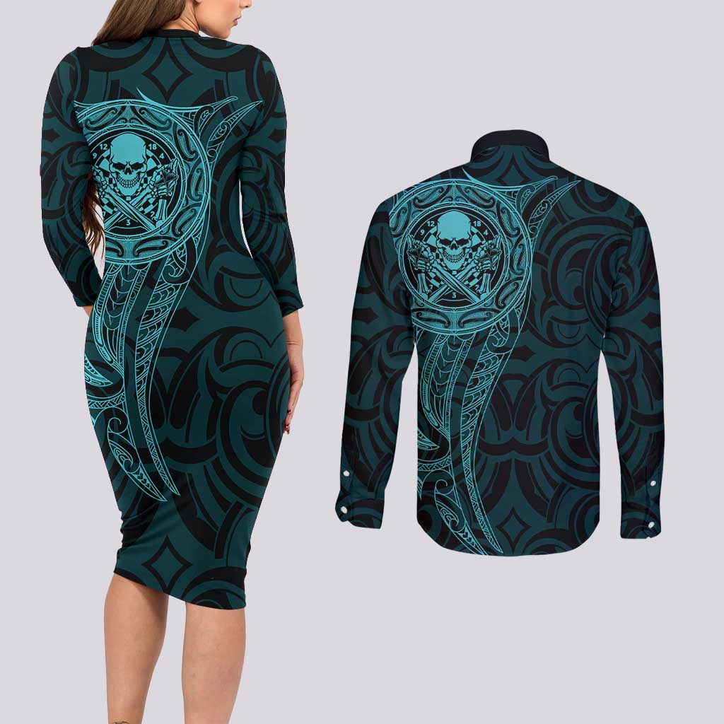 New Zealand Skull Darts Couples Matching Long Sleeve Bodycon Dress and Long Sleeve Button Shirt Aotearoa Maori Chest Tattoo Stylized Teal - Polynesian Pride
