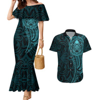New Zealand Skull Darts Couples Matching Mermaid Dress and Hawaiian Shirt Aotearoa Maori Chest Tattoo Stylized Teal - Polynesian Pride