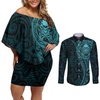 New Zealand Skull Darts Couples Matching Off Shoulder Short Dress and Long Sleeve Button Shirt Aotearoa Maori Chest Tattoo Stylized Teal - Polynesian Pride