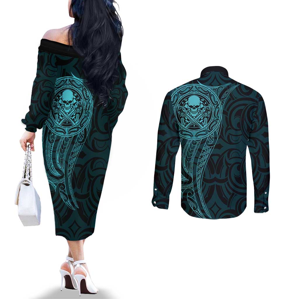 New Zealand Skull Darts Couples Matching Off The Shoulder Long Sleeve Dress and Long Sleeve Button Shirt Aotearoa Maori Chest Tattoo Stylized Teal - Polynesian Pride