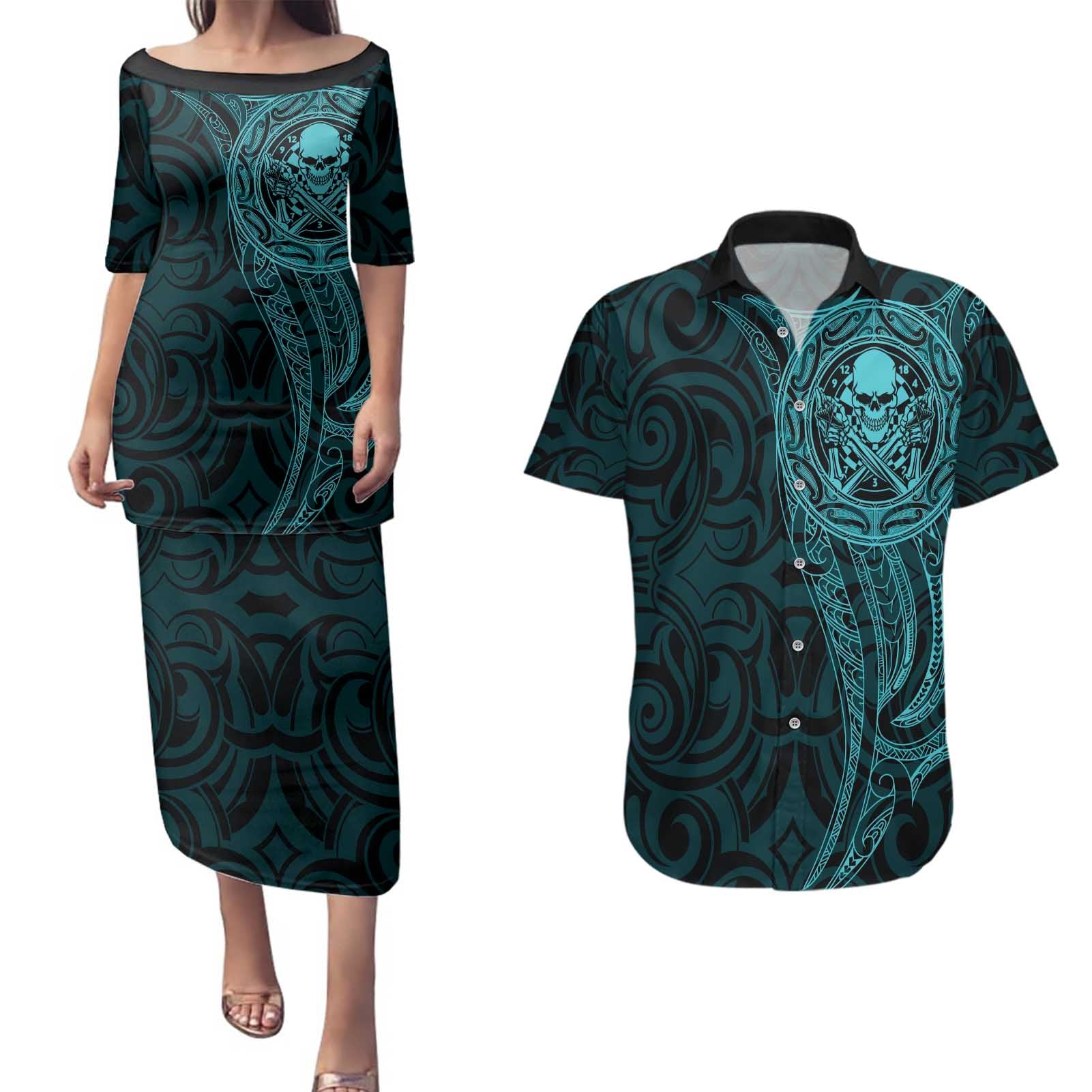 New Zealand Skull Darts Couples Matching Puletasi and Hawaiian Shirt Aotearoa Maori Chest Tattoo Stylized Teal - Polynesian Pride